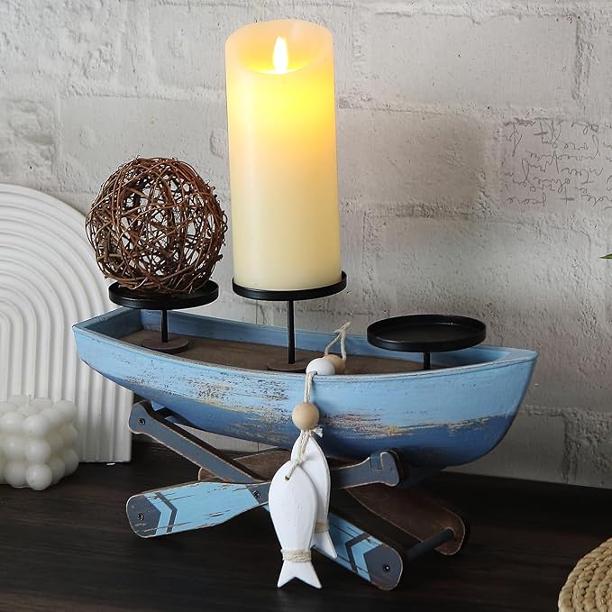 Nautical Votive Candle Holder, Ocean Themed Farmhouse Boat Candle - Marine Beach Style Handmade Decor for Home, Office, Housewarming Gifts