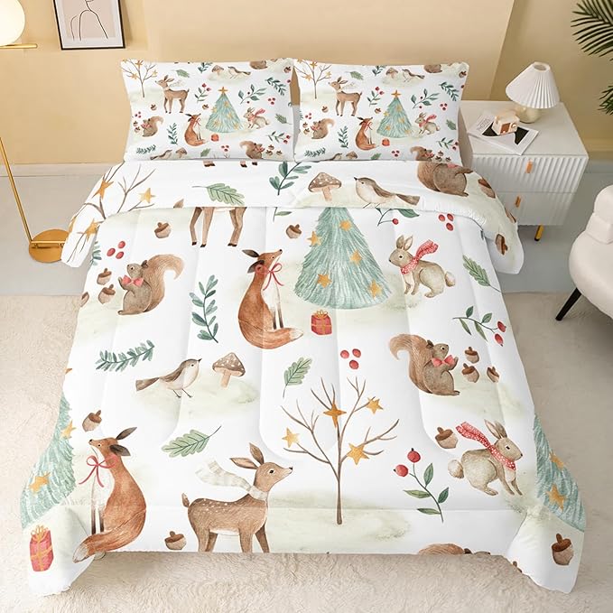 Wild Animal Comforter Full Size,Rabbit Deer Comforter Set for Kids Teens Girls Boys,3Pcs Bedding Set Printed Comforter with 2 Pillowcases,Down Alternative,Soft and Lightweight，Full Size
