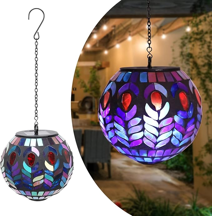Hanging Solar Lantern Outdoor Waterproof - Solar Gazing Ball Mosaic Outdoor Hanging Lights Hanging Lantern Garden, Patio, Pathway & Yard Décor