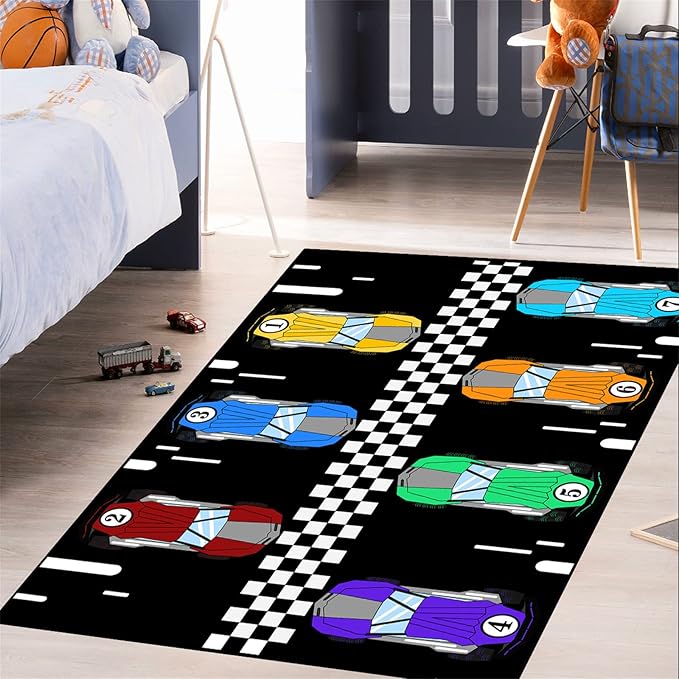 Race Car Rug Kids Play Area Rugs Race Car Track Rug Kids Rug with Roads and Tracks Car Track Carpet Car Rug for Boys Room Race Car Room Decor for Boys,Black 3'×5'