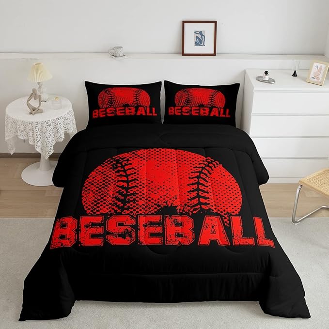 Erosebridal Kids Baseball Twin Size Bedding Set Red Black Sports Comforter Set for Boys Girls Teen,Reversible Black Quilt Comforter Soft Lightweight for All Season,1 Comforter and 1 Pillow Case