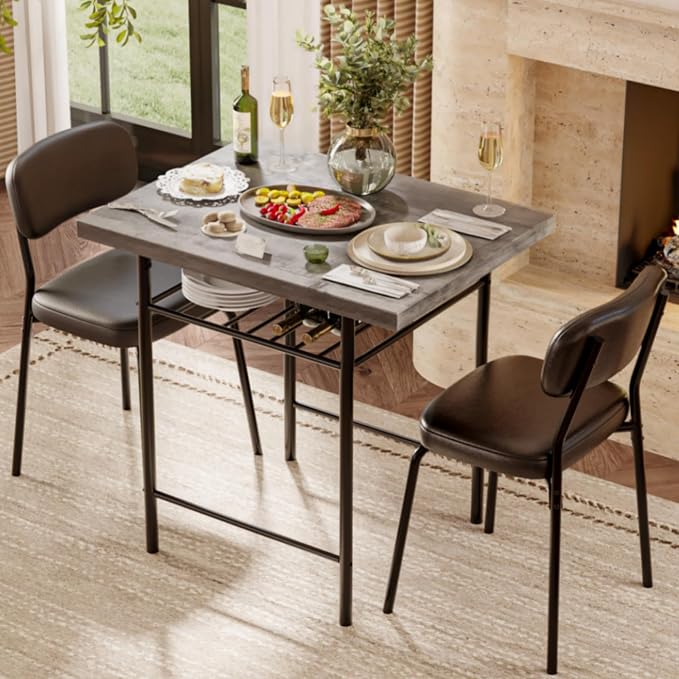 VINGLI Dining Table Set for 2, Small Kitchen Table Set with Upholstered Chairs, 3-Piece Dining Set with Storage Rack, Wood Dining Room Set with Metal Legs for Small Spaces, Living Room, Grey