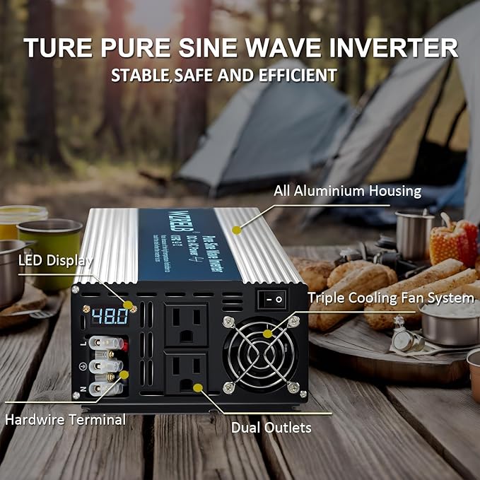 WZRELB 4000W Pure Sine Wave Inverter 48V DC to 110V 120V AC Power Converter with LED Display, Hardwire Terminal,Off-Grid Portable Power Inverter with Dual AC Outlets for Home, RV, Truck, Camping