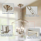 4-Light Brushed Nickel Farmhouse Chandelier, 12" Industrial Ceiling Light Lantern Pendant Light with Metal Cage Adjustable Height Rustic Hanging Light E12 Base for Kitchen Island Dining Room Entryway