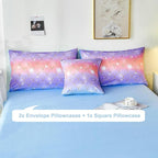 PERFEMET Mermaid Scales Queen Comforter Set 6 Pieces Purple Orange Comforter for Queen Size Bed Teen Girls Glitter Bedding Set Rainbow Tie Dye Bed in A Bag