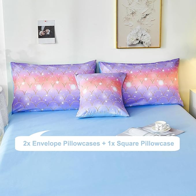 PERFEMET Purple Mermaid Twin Comforter Set for Girls, 6 Pieces Colorful Rainbow Twin Bedding Sets, Tie Dye Ombre Glitter Bed in A Bag Comforter Set with Sheets