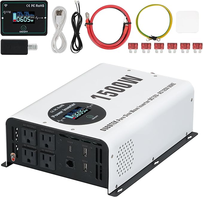 1500W Pure Sine Wave Power Inverter with Peak 3000W,12V to 120V AC Converter, Wireless Remote, 4 AC Outlets, 2 USB Ports and Type-C for RV, Solar Off-Grid
