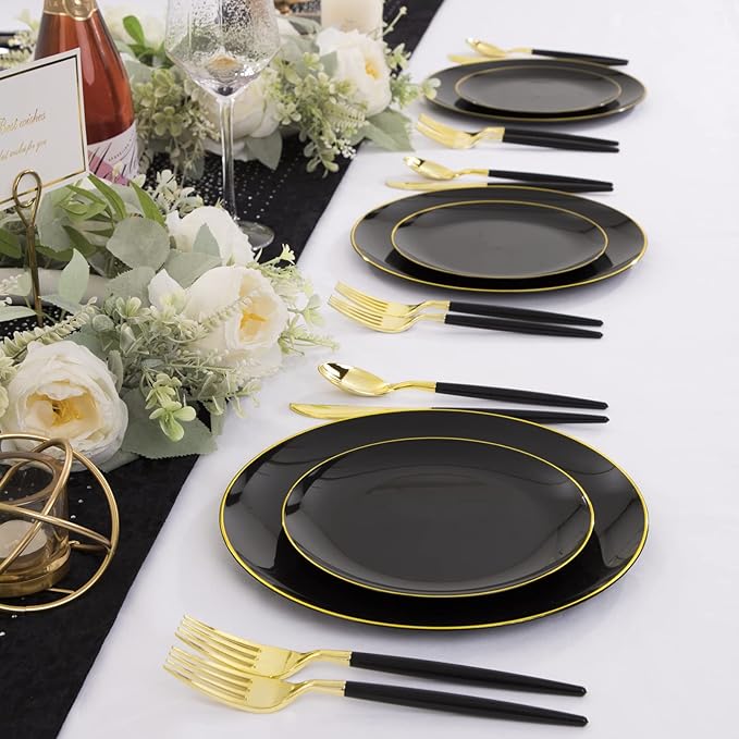 KIRE 60PCS Black Plastic Plates - Black Disposable Plates with Gold Rim for Halloween Party/Graduation - Include 30Pcs 10.25inch for Dinner and 30Pcs 7.5inch for Dessert