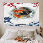 Houselerax Koi Fish Tapestry, Japanese Style Yin Yang Big Wave Cherry Blossoms Tapestries Wall Hanging for Bedroom Living Room Office Decor 60"x40"