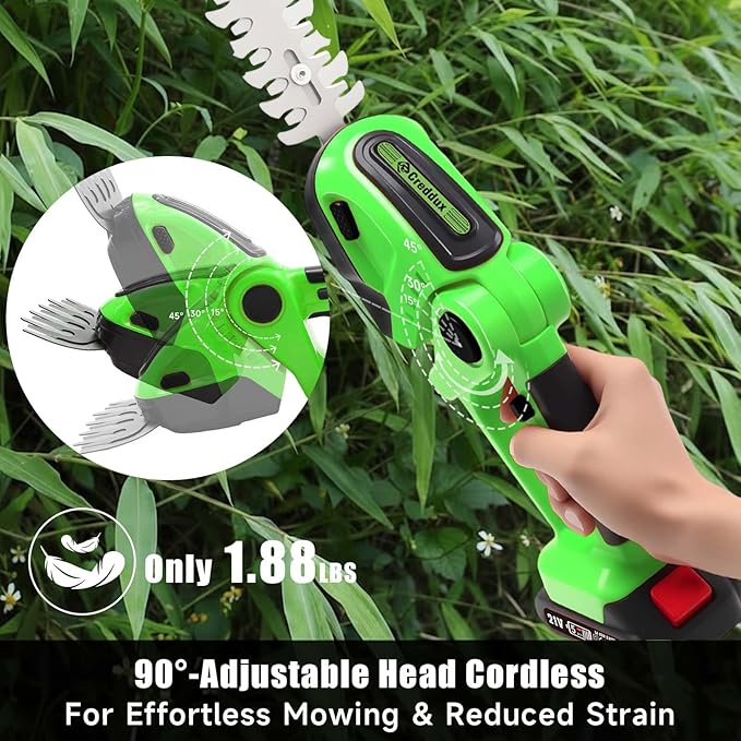 Cordless Hedge Trimmer, 2-in-1 Handheld Electric Hedge Trimmer/Grass Shears for Garden,Yard and Lawns, Shrub Trimmer with 2 PCS Rechargeable Battery&Charger (Green)