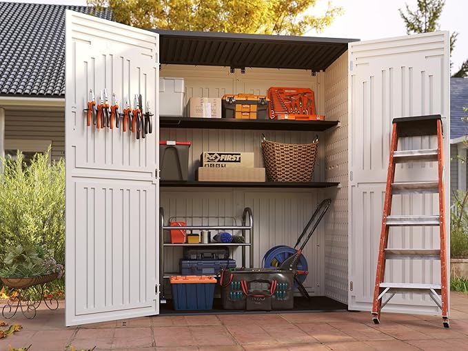 Vertical Resin Storage Shed with 2 Shelves, 60 Cuft Garden Tool Sheds & Outdoor Storage, Plastic Outdoor Storage Cabinet Waterproof, 4.5 x 2.3 ft Backyard Outside Lawn Mower Storage Shed, White