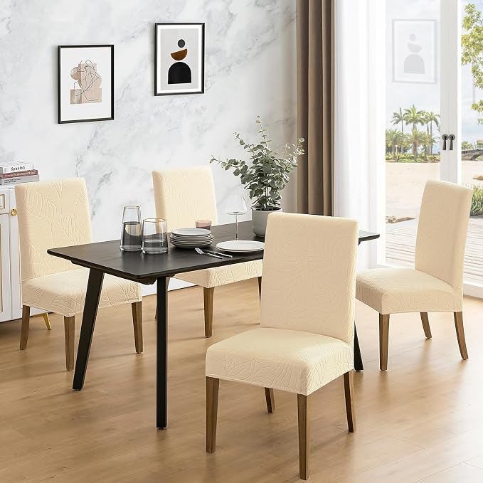 MOSAYT 100% Waterproof Dining Room Chair Covers Set of 4, Super Fit Stretch Jacquard Parson Chairs Slipcovers Removable Washable Chair Seat Protectors for Home, Kitchen, Banquet (Beige - XL)