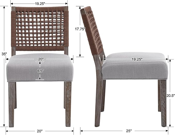Kmax Farmhouse Dining Chairs Set of 4, Rustic Kitchen Chairs with Linen Fabric Seat and Woven Back, Vintage Accent Chairs for Dining Room, Living Room, Grey