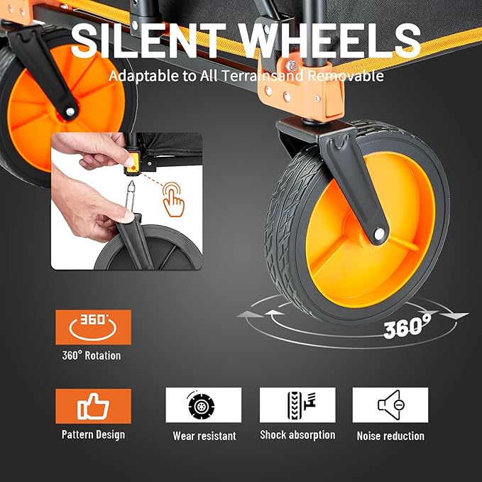 EchoSmile Collapsible Foldable Wagon Cart with 350lbs Weight Capacity, Heavy Duty Folding Utility Sport Wagon with Removeble Wheels for Camping,Grocery,Garden,Beach,Orange&Black