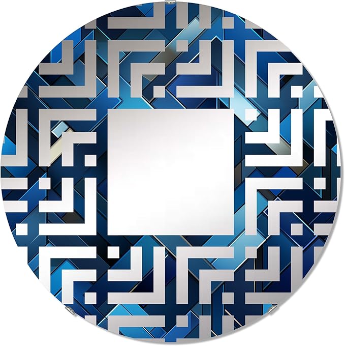 Symmetric Cubes in Deep Cobalt Blue - Geometric Maze - 24 Inches - Round Decorative Wall Mirror for Bathroom, Bedroom, Entryway, Living Room, Vanity Room and Modern Décor