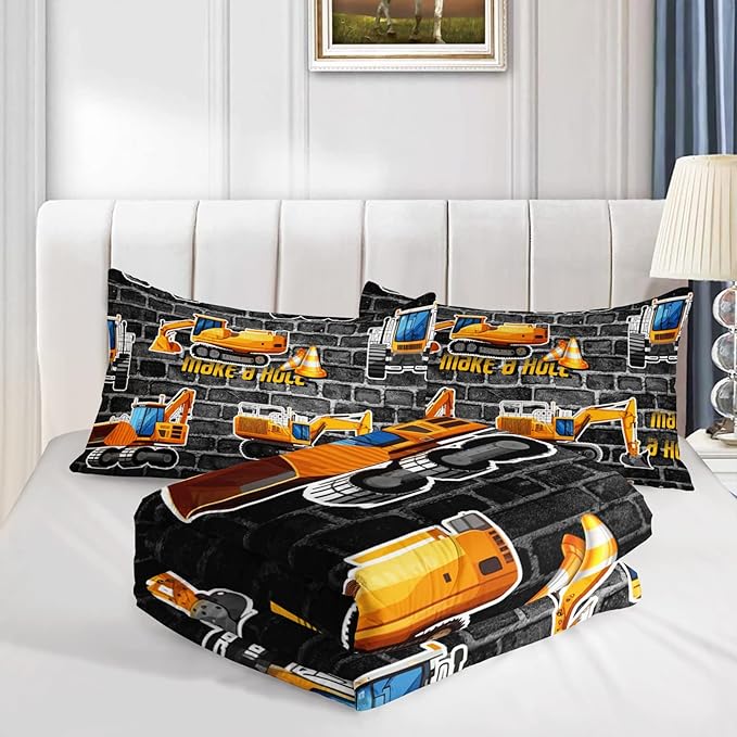 Axolotl Excavator Bedding Set Queen Size,Yellow Excavator Bed Comforter for Kids Boys Teens,Tractor Truck Bedding Set for Boys,Construction Bedding Set for Boys,1 Quilt 2 Pillowcases,Deep Grey