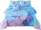 JQinHome Mermaid Comforter Set Full Size, 6 Piece Mermaid Tail Bed in A Bag,3D Colorful Mermaid Bedding Set for Girls Kids, Sparkle Teal Bedroom Decor Bedding Set with Sheets (Blue)