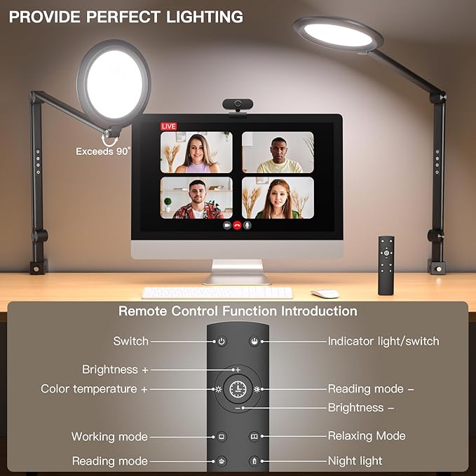 Desk Lamp LED with Remote Control, Desk Light for Video Conferencing, Zoom Light with Clamp, Adjustable Brightness & Color Temperature, Webcam Light, Keylight, Table Lamp