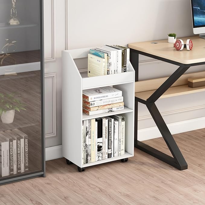 3-Tier Mobile Bookshelf, White Bookcase with Wheels, Rolling File Holder Desk File Book Organizer for Home Office Living Room School