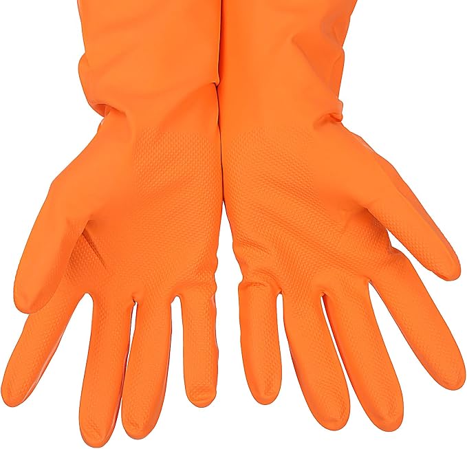 3 Pairs Rubber Cleaning Gloves Latex Free Dishwashing Gloves - 13" Reusable Nitrile Gloves Large, Green+Orange+Red