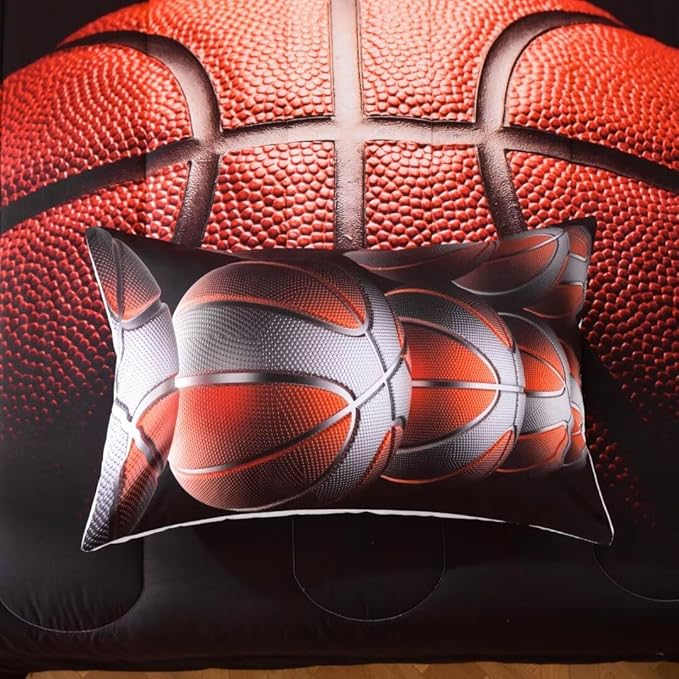 Teens Boys Sports Comforter Set Full,Basketball Bedding Set for Kids,Sports Orange Basketball Comforter Sets,Black Teenage Boy Bedroom Bed Set 3 Pieces with Pillowcases