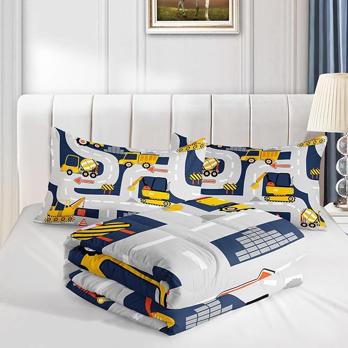 Axolotl Cartoon Excavator Bedding Set Full,Tractor Truck Bedding Set,Boys Construction Bedding Set,Yellow Vehicles Truck Comforter Construction Site Decor for Kids Boys Teens,1 Quilt 2 Pillowcases