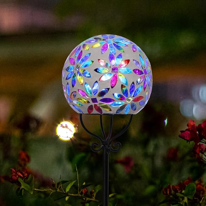 VCUTEKA Solar Outdoor Lights Garden Decor Mosaic Solar Garden Lights Waterproof Glass Ball LED Pathway Stake Light for Landscape Lawn Patio Yard Decoration 6 inch, Multi