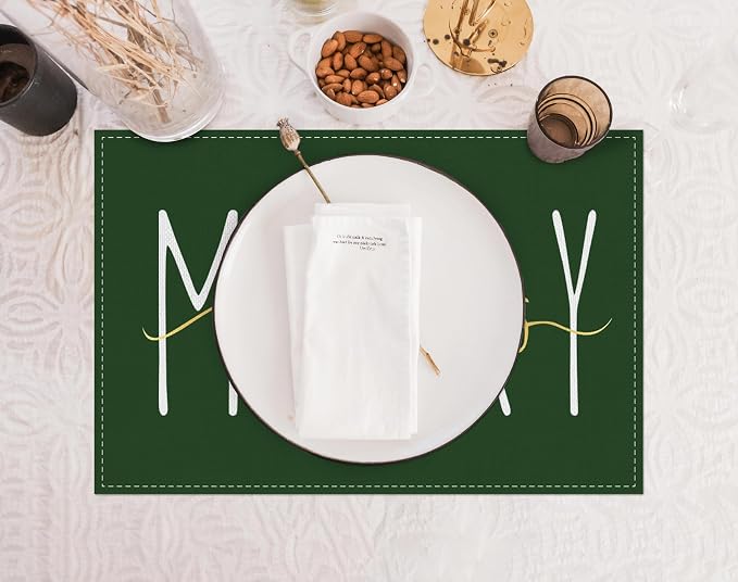 ONWAY Merry Christmas Gold Placemats 12x18 Inch Set of 4 Xmas Winter Holiday Place Mats for Home Party Kitchen Dining Table Decorations Green