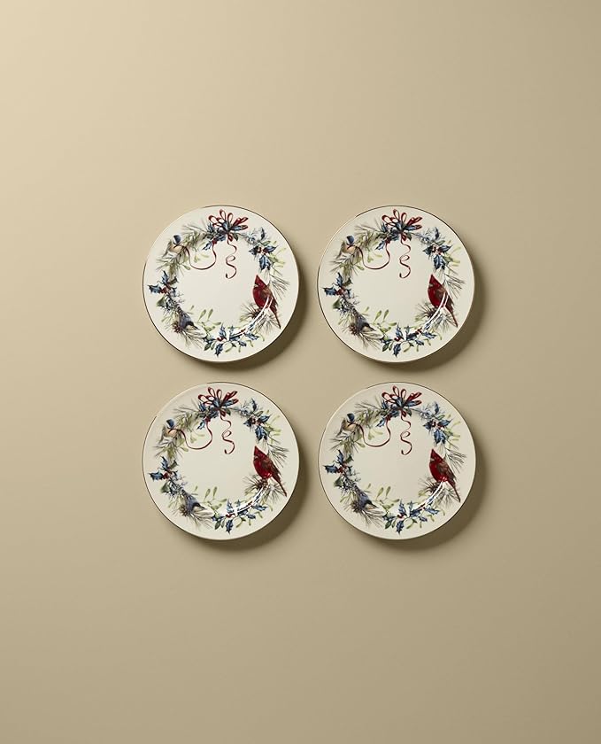 Lenox 897093 Winter Greetings Dinnerware Salad Plates, Set of 4, Red & Green, Christmas, Holiday Hosting