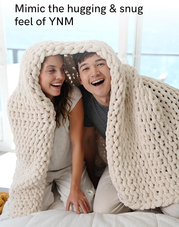 YnM Chunky Throw Blanket, Hand Knitted with Chenille Yarn, Skin Friendly, Ventilated and Breathable, Machine Washable, Home Décor Piece for Couch, Sofa and Bed (Butter Cream, 30x40 Inch)