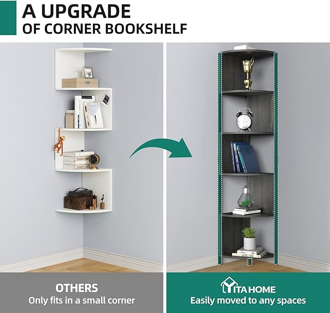YITAHOME 6-Tier Corner Shelf, 68.8" Tall Industrial Free Standing Corner Bookshelf, 6 Shelf Display Corner Bookcase Open Small Book Shelves for Bedroom, Living Room, Small Space, Charcoal Gray + Black