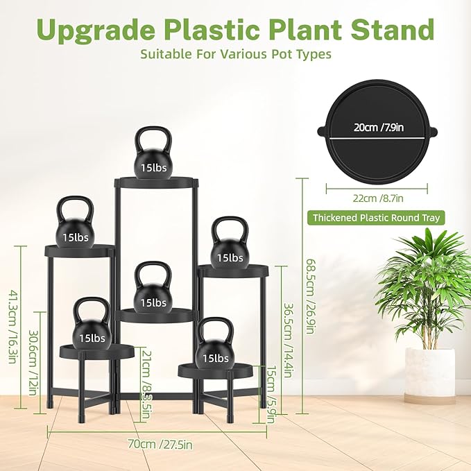 iDavosic.ly 6 Tier Folding Plant Stand Indoor Outdoor with Plastic Tray, Tiered Corner Flower Holder Shelf, Metal Orchid Display Rack for Patio Porch Living Room Garden Balcony, Modern Black
