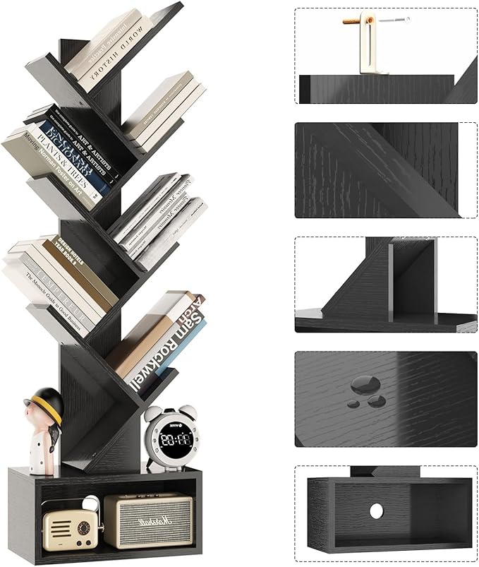 YMYNY 6 Tier Tree Bookshelf, Tall Bookcase, Wood Book Storage Rack with Drawer, Modern Floor Standing Book Shelf for Books/Movies/CDs, Utility Organizer for Living Room, Home Office, Black UHBC016B