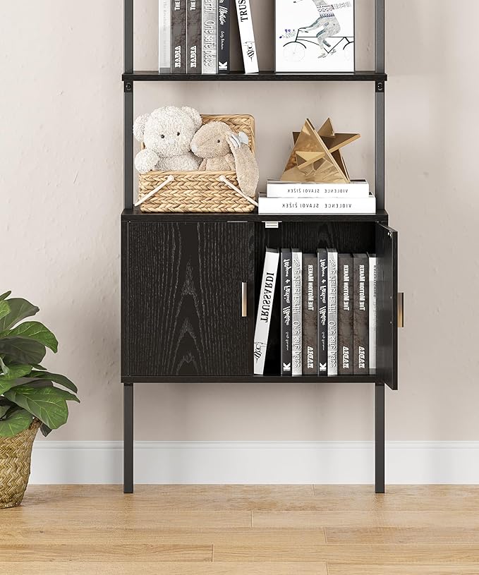 Gadroad Ladder Bookshef with Cabinet, Wall Mounted Bookcases, 5 Tier Tall Open Display Rack, 73" Metal Industrial Bookshelf, Storage Shelves for Livingroom, Home Office, Black