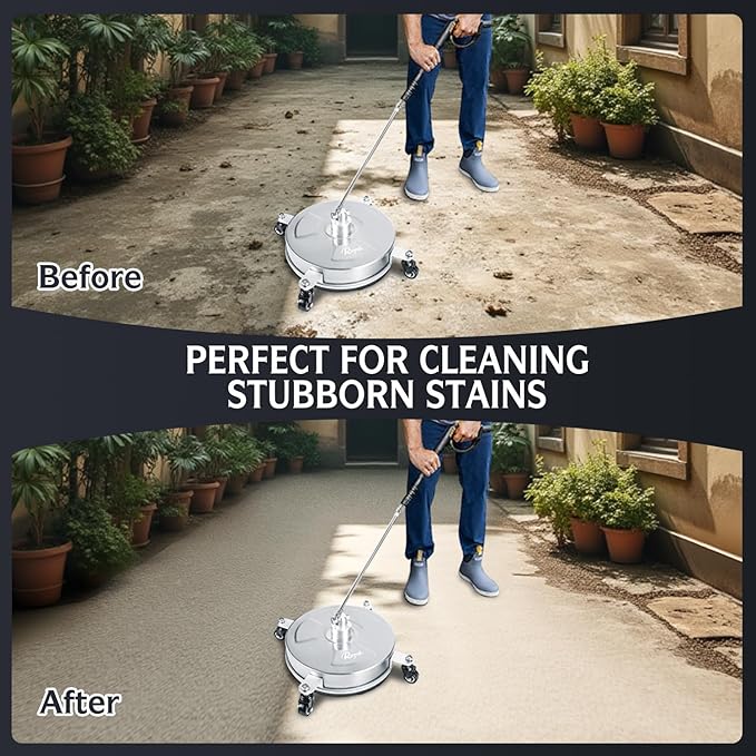 RAYNEL 14'' Pressure Washer Surface Cleaner with 4 Wheels, Stainless Steel Housing, 1/4" Quick Plug, 2 Extended Wands, 2 Replacement Nozzles