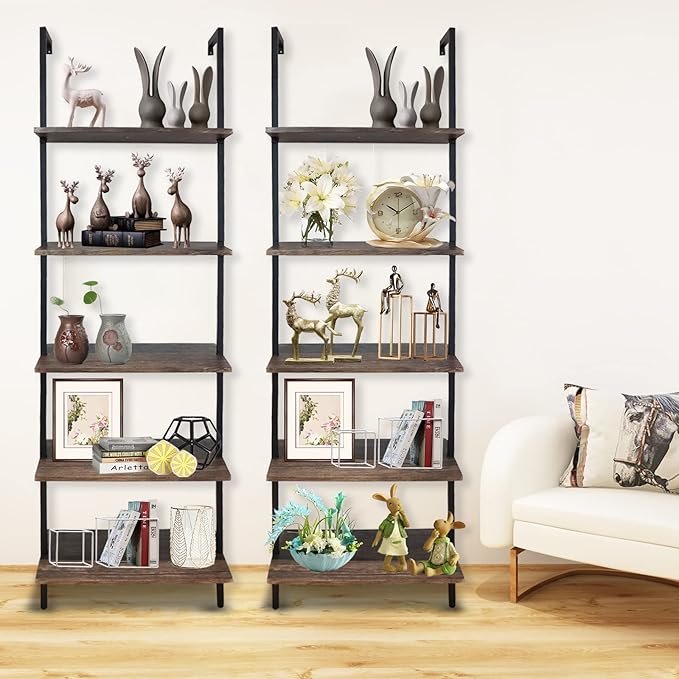 5 Tiers Ladder Shelf 2-Piece Black Modern Tall Bookshelf Open Large Tall Wall Mount Storage Bookcase Standing Leaning Wall Shelves Industrial Decorative