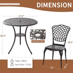 Bronze Patio Bistro Set - 3 Piece Outdoor Cast Aluminum Furniture, Large Table & Chairs, Weather Resistant, Adjustable Foot Pads, Umbrella Hole