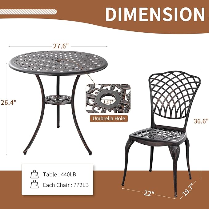 Bronze Patio Bistro Set - 3 Piece Outdoor Cast Aluminum Furniture, Large Table & Chairs, Weather Resistant, Adjustable Foot Pads, Umbrella Hole