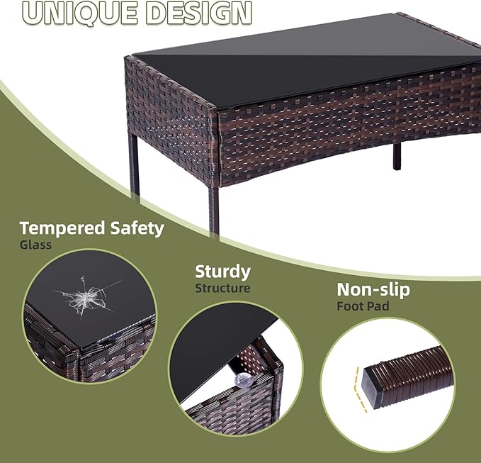 Patio Furniture Set 4 Pieces Conversation Sets Outdoor Wicker Rattan Chairs Garden Backyard Balcony Porch Poolside Loveseat with Soft Cushion and Tempered Glass Table(Brown/Beige)