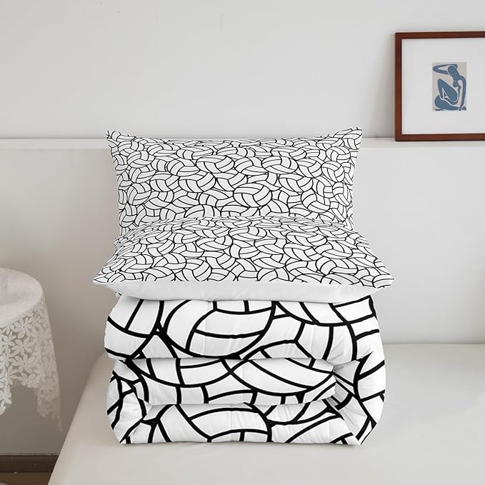 Feelyou Queen Size Volleyball Bedding Set Boys Girls Sports Game Comforter Set for Kids Women Men Ultra Soft Volleyball Player Comforter Black White Duvet Set Room Decor Quilt Set