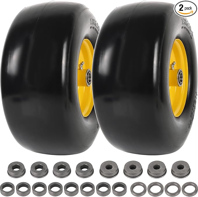 AR-PRO (2-Pack) 13x6.50-6 Flat Free Tire and Wheel, Replacement Solid Smooth Tires for Zero Turn Riding Lawn Mower Front Wheels, 5.5"-7.8" Centered Hub, 3/4" Bearings extra 5/8" & 1/2" Bushings