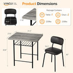 VINGLI Dining Table Set for 2, Small Kitchen Table Set with Upholstered Chairs, 3-Piece Dining Set with Storage Rack, Wood Dining Room Set with Metal Legs for Small Spaces, Living Room, Grey