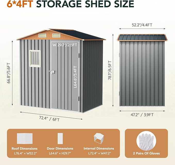 6x4FT Multi-used Shed & Outdoor Storage Shed, Steel Tool Shed with Lockable Doors,Window,Vent,Compact Metal Tool Garden Shed for Garden, Backyard, Patio, Lawn and Various Storage(Matte Gray)