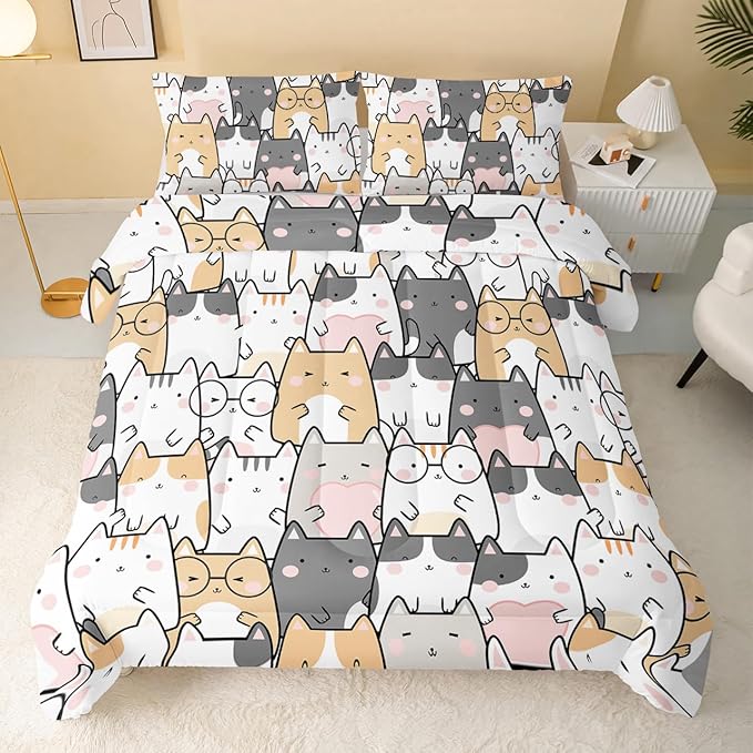 Kawaii Cat Comforter Full Size,Cats Comforter Set for Kids Teens Girls Boys,3Pcs Bedding Set Printed Comforter with 2 Pillowcases,Down Alternative,Soft and Lightweight，Full Size