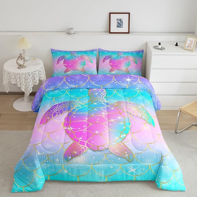 Erosebridal Mermaid Scales Comforter Set for Girls, Tortoise Reptile Bedding Set Queen Size, Sea Turtle Ocean Life Duvet Sets for Kids Children Boys Women, Sweet Girly Down Comforter, Teal Blue