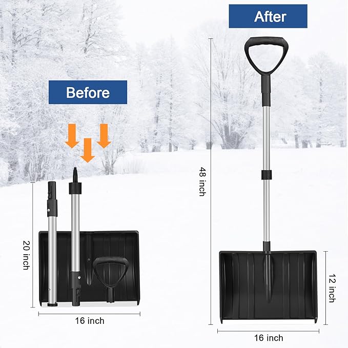 Ergonomic Large Snow Shovel for Driveway: 48-Inch Dual-Lock Knob Anti-Wobble Handle, 16" Plastic Blade w/Metal Edge, Ultra-Light 1.9 lb, Portable Aluminum Shaft, Car, Camping & Emergency, Black