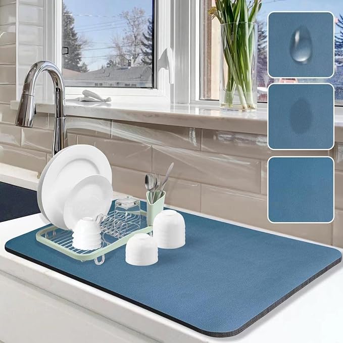 Dish Drying Mat for Kitchen Counter, 16"x24" Pad with Rubber Backed (Blue) | Hide Stain Anti Absorbent for Kitchen Counter, Non-slip Drying Mat for Coffee Machine Dish Rack