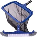 Fine Mesh Pool Net & Brush Head Combo - Sturdy Skimmer with 17.5" Professional Brushes for Pool Wall Cleaning