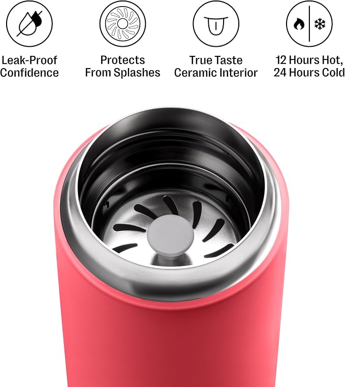 Fellow Carter Move Ceramic Lined Travel Coffee Mug 16 oz - Leak-Proof Lid | No Metallic Taste, Dishwasher Safe, Hot 12Hr Cold 24Hr, Stainless Steel Tumbler, BPA-Free, Fits Cup Holders, Coral Crush