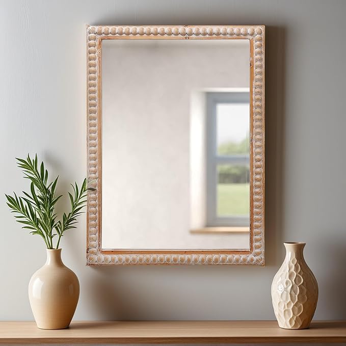 Farmhouse Bathroom Mirror 22x30 Inch - Rectangular Wall Mirrors with Wood Frame & Beaded Design - Distortion-Free Glass, Horizontal/Vertical Mount or Freestanding
